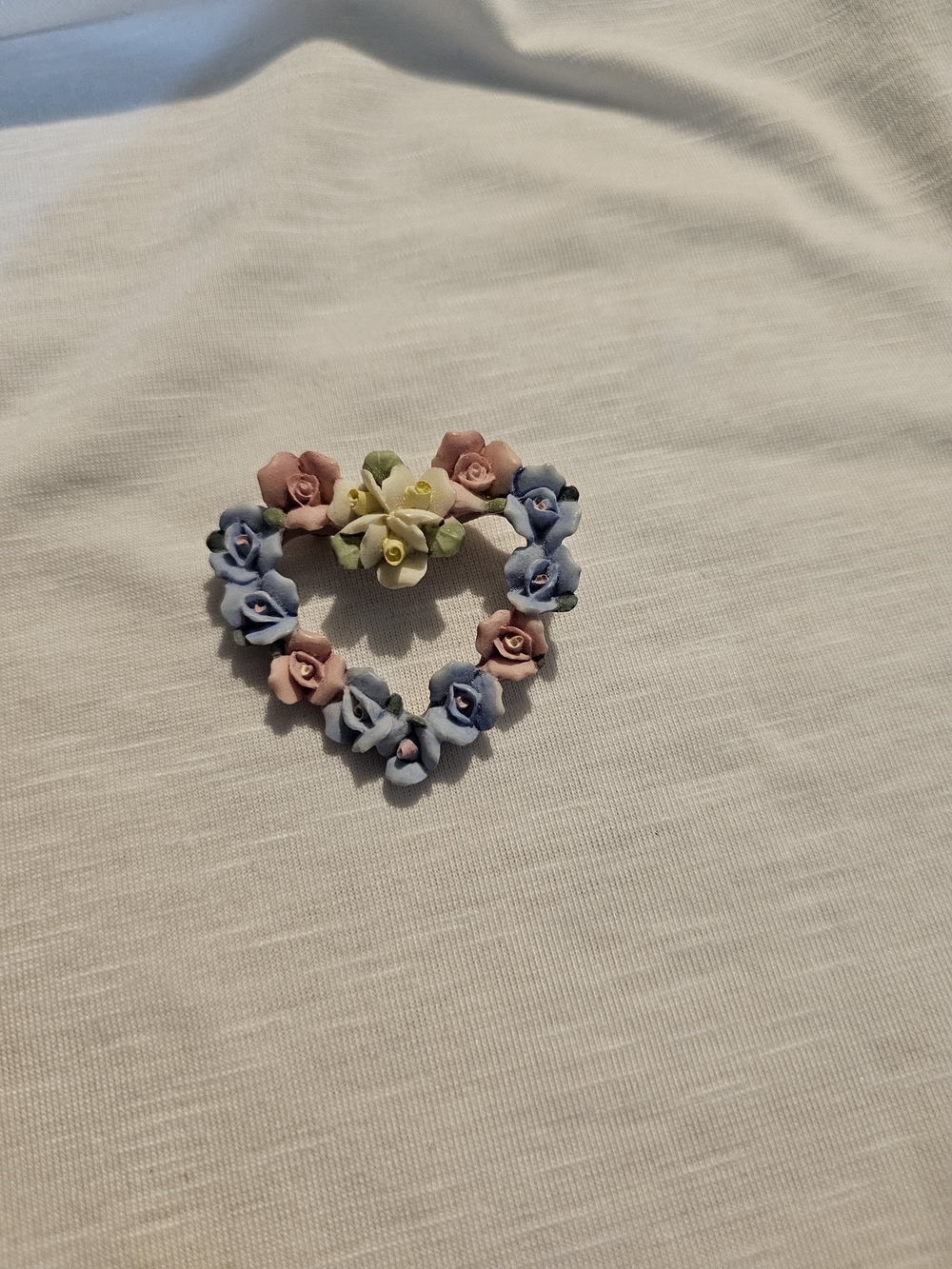 Delicate Floral Heart Brooch in Pastel Blue, Pink & Cream